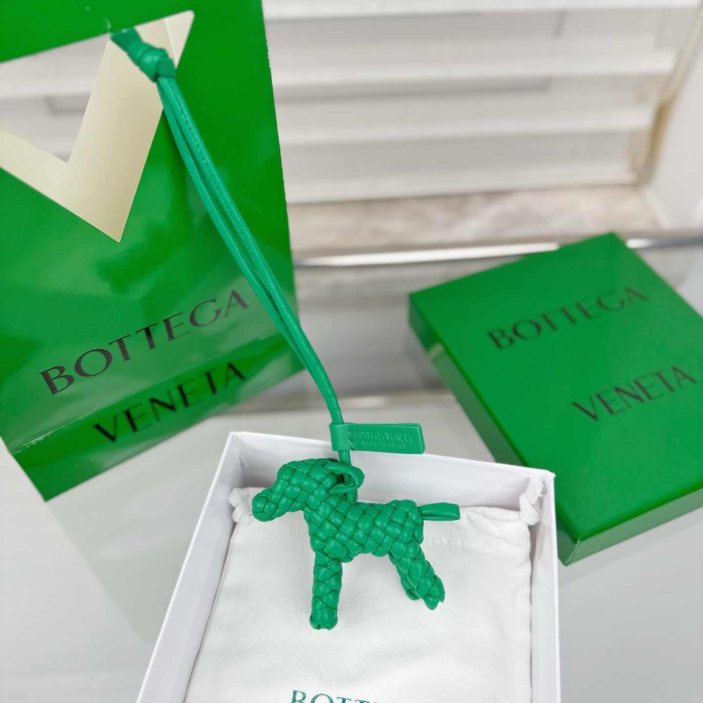 Bottega Veneta Green Leather Keychain